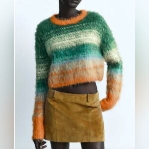 Small Zara Green Orange Blue Colorful Striped Soft Brushed Knit Sweater